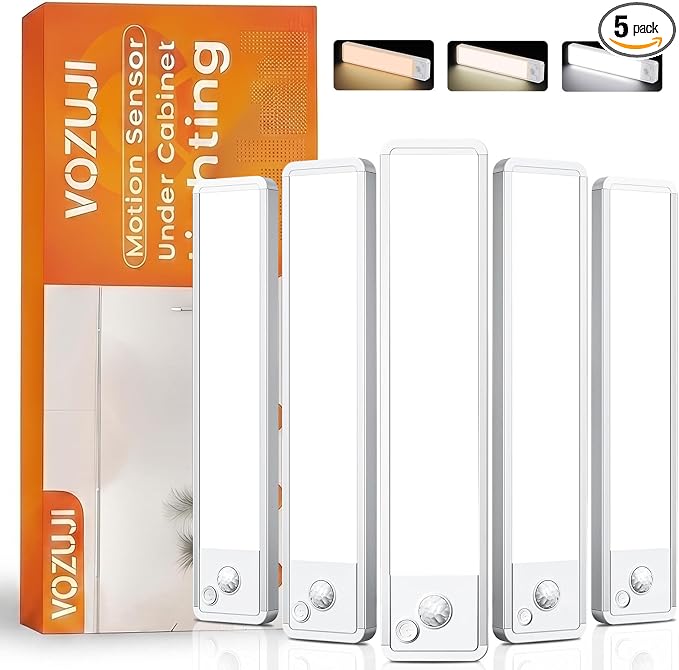 Under Cabinet Lighting: 8 Inch 3-Color Dimmable Rechargeable Motion Sensor by Vozuji