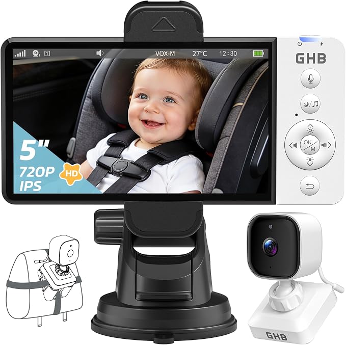 GHB Wireless Baby Car Camera 5" HD, 3500mAh Baby Monitor 2000mAh Camera Non WiFi by GHB