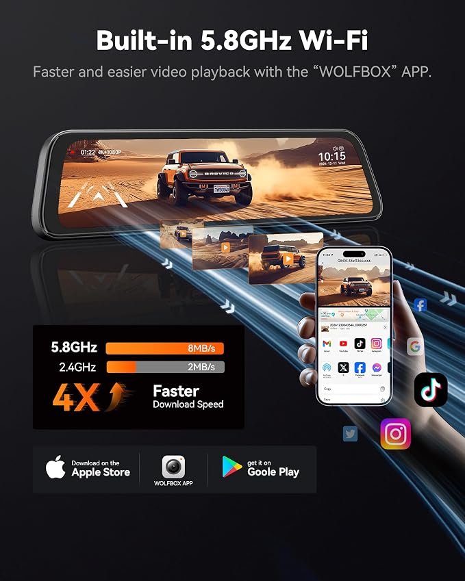 WOLFBOX G840S 12" 4K Mirror Dash Cam Backup Camera, 5.8GHz WiFi Smart Rearview - Image 4