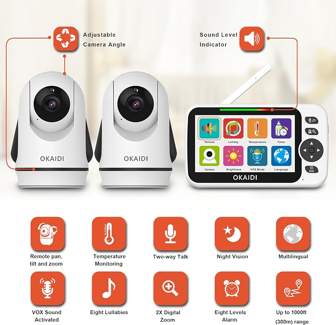 OKAIDI Video Baby Monitor with 2 Cameras, 30H Battery and 1000ft Range - Image 2