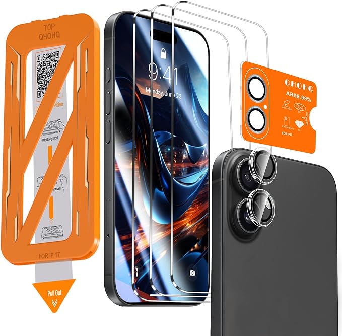 QHOHQ 3 Pack Screen Protector for iPhone 17 + 1 Set Camera Lens Protector by QHOHQ