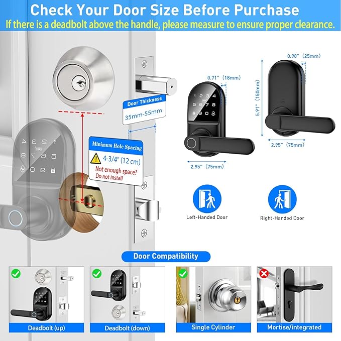 Smart keypad Door Lock with Handle，Fingerprint Keyless Entry Digital Lock with - Image 2