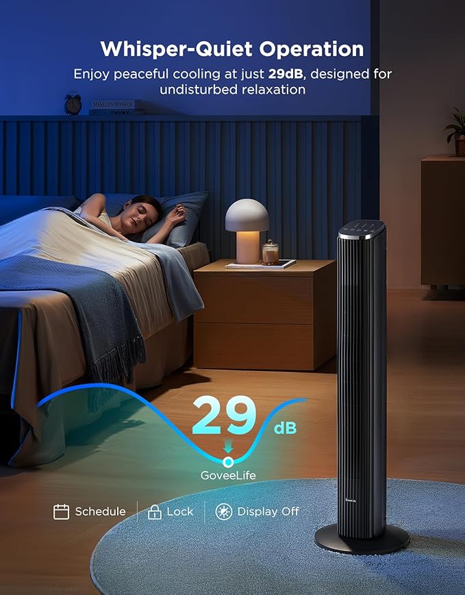 GoveeLife Black Tower Fan for Bedroom, Temperature Sensor, 5 Modes 8 Speeds - Image 4