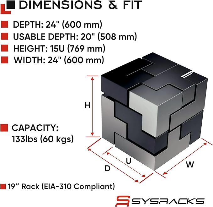 15U Wall Mount Server Rack Cabinet, 19 Inch Network and AV Enclosure, 24 Inch - Image 3