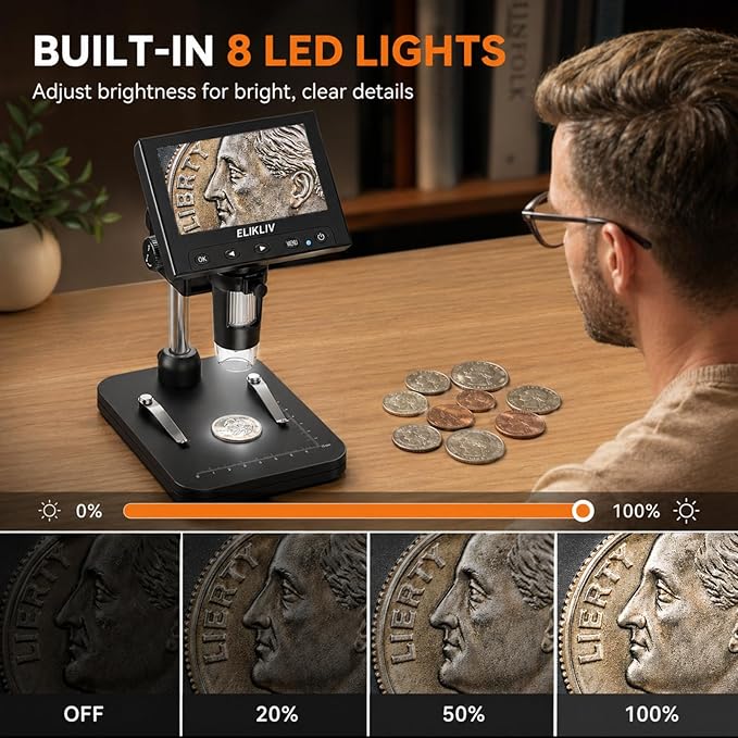 Elikliv Coin Microscope, 4.3'' LCD Digital Microscope 1000x, Coin Magnifier - Image 4