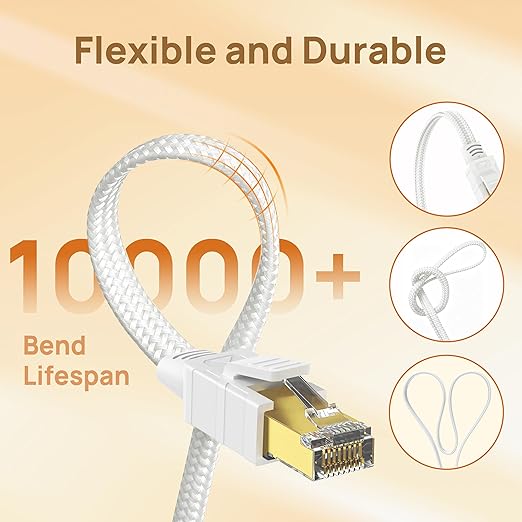 Orbram Cat 8 Ethernet Cable 15 ft White, Nylon Braided High Speed Heavy Duty - Image 5