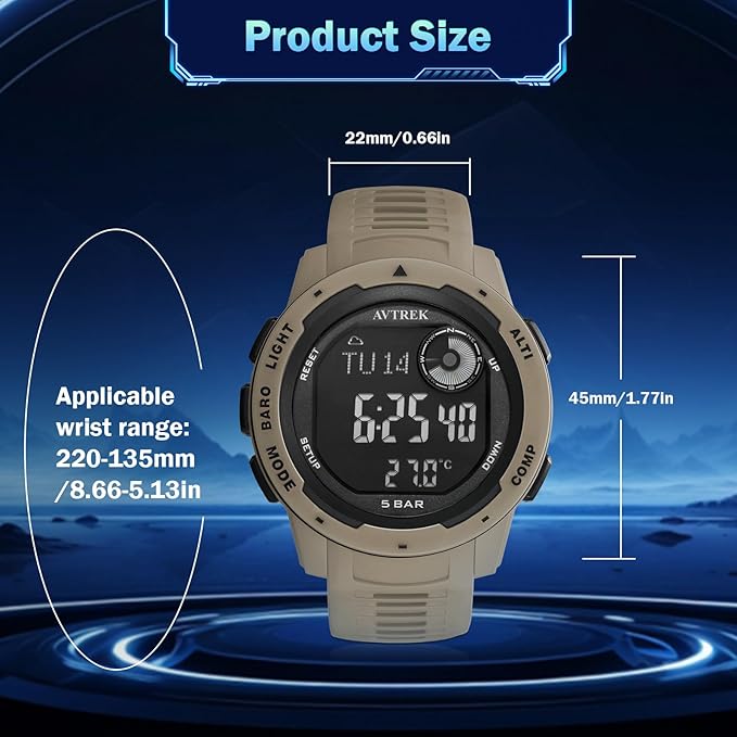 AVTREK Tactical Watch with Compass, 50M Waterproof Pedometer, Digital Altimeter - Image 3