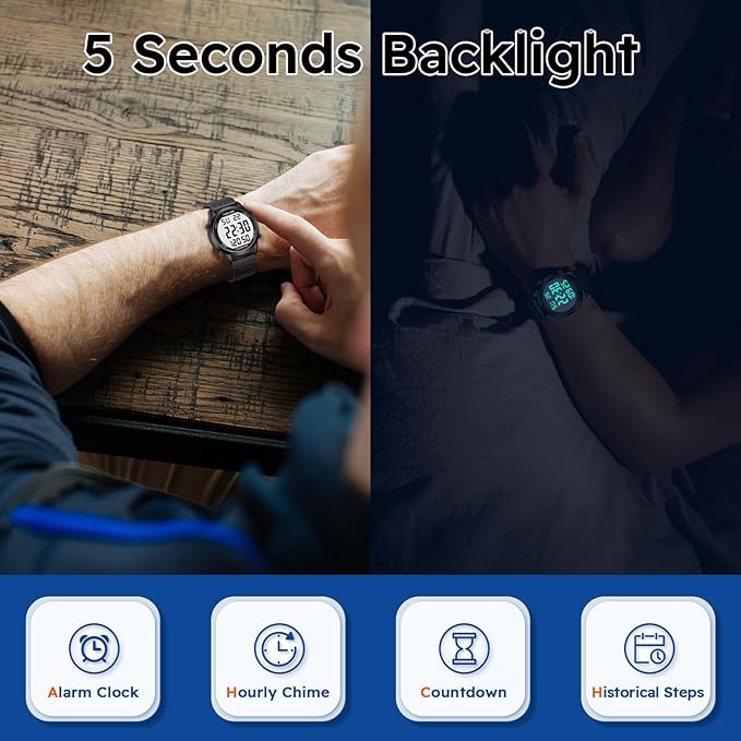 Men's Pedometer Watch with Stainless Steel Bracelet, Step Counter Watch No App - Image 4