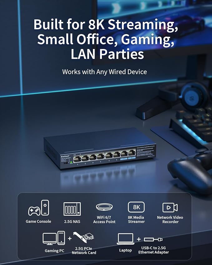 BrosTrend 2.5Gb Switch, Unmanaged 8 Port Ethernet Switch 2.5 Gigabit Supports - Image 3