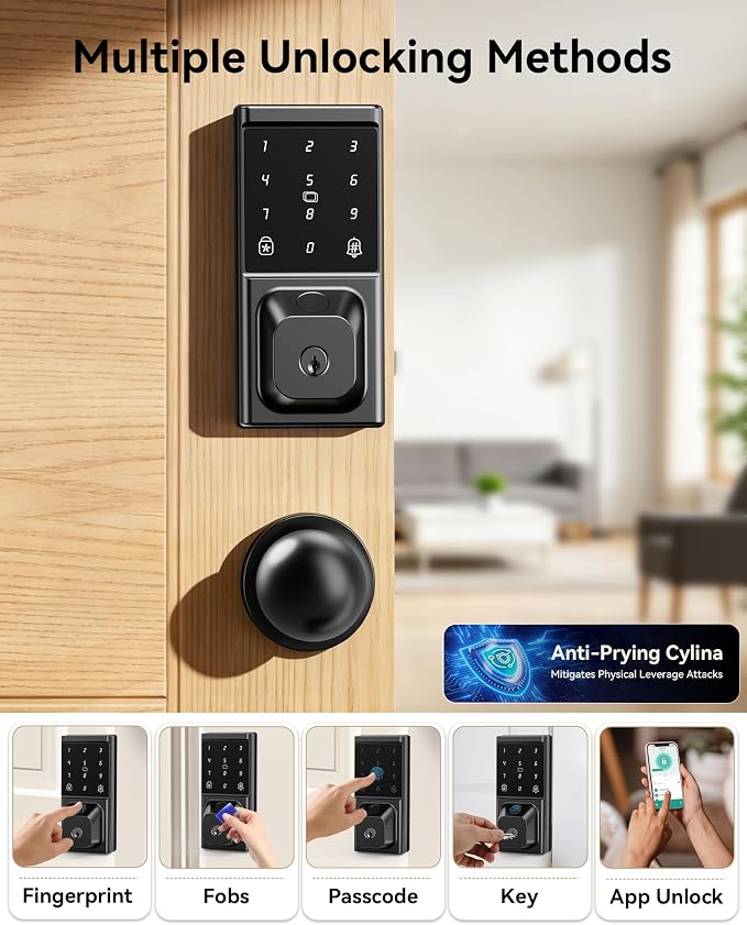 Smart Deadbolt Lock with Knob Handle, Keyless Entry Door Lock Set, Fingerprint - Image 2