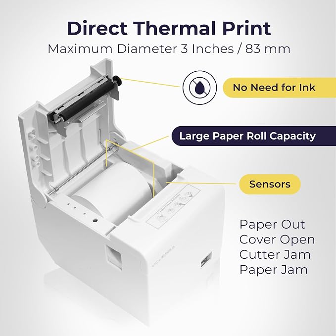 Volcora Thermal Receipt Printer, 80mm POS Printer w/Auto Cutter, USB/Ethernet - Image 4