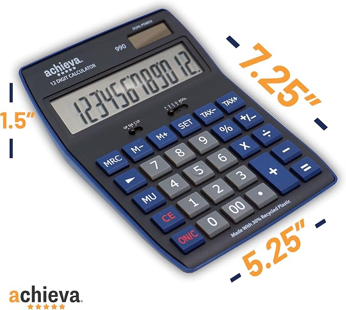 Achieva 12-Digit LCD Display Desktop Calculator | Blue | Mark Up Key, - Image 3