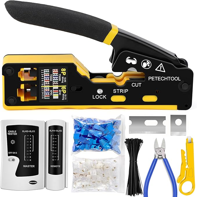 RJ45 Crimp Tool Pass Through Ethernet Crimping Tool Kit Cat6 Cat5e Cat6a RJ45 by PETECHTOOL
