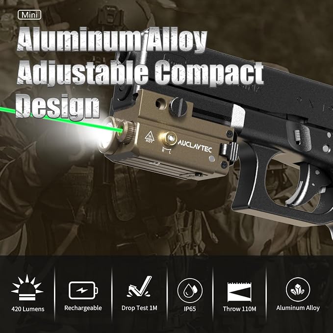 AUCLAYTEC Pistol Flashlight Green Laser Combo 420 Lumens Pistol Light Recharge - Image 3