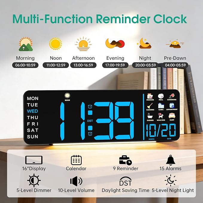 Hoifen Clock with Day and Date for Seniors, Remote Control, Night Light - Image 3