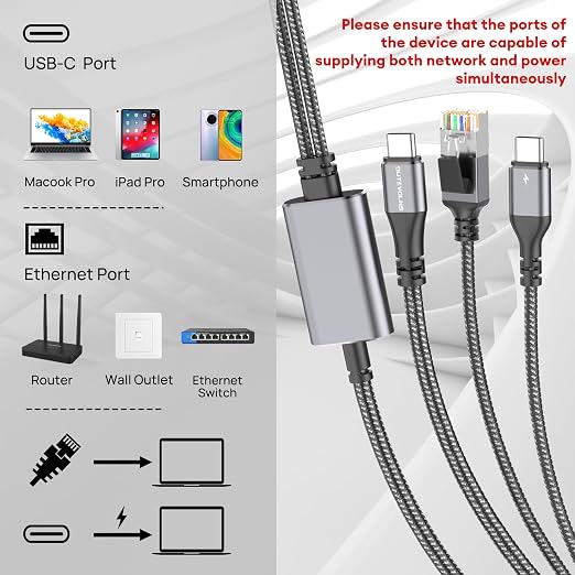 USB C to Ethernet Cable with Charging 6.6 Feet, USB-C Male 100W PD & Gigabit - Image 2