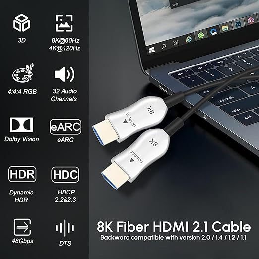 8K Fiber Optic HDMI 2.1 Cable 20ft, Active HDMI Cable Slim, High Speed Fiber - Image 2