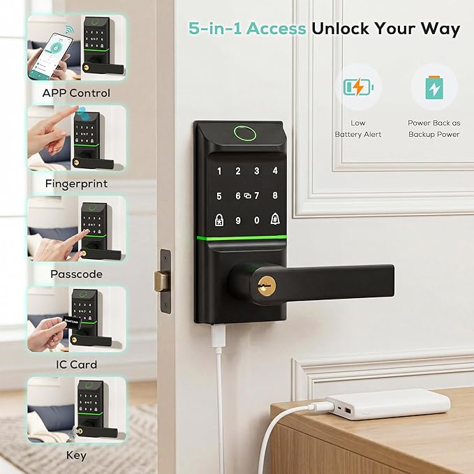 Smart Door Lock Keyless Entry, 6-in-1 Biometric Deadbolt w/Fingerprint - Image 3