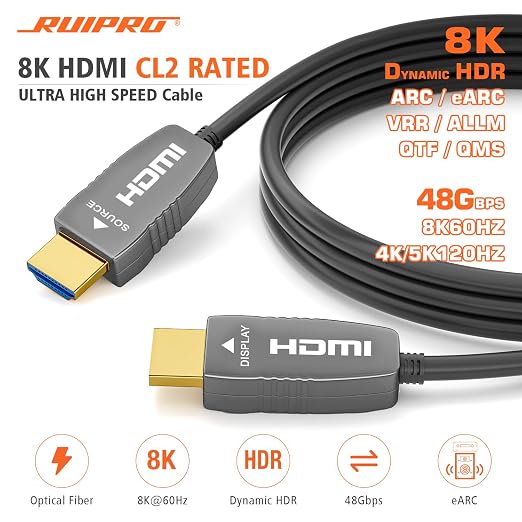 RUIPRO 8K Fiber Optic HDMI 2.1b Cable 50 Feet 48Gbps 8K60Hz 4K120Hz Dynamic HDR - Image 2