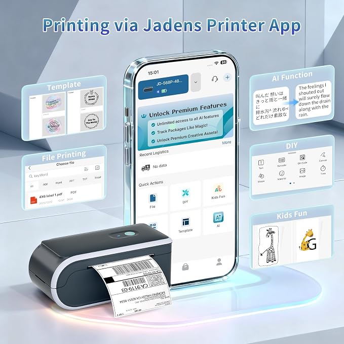 JADENS Battery Powered Thermal Printer, Cordless 4x6 Shipping Label Printer - Image 6