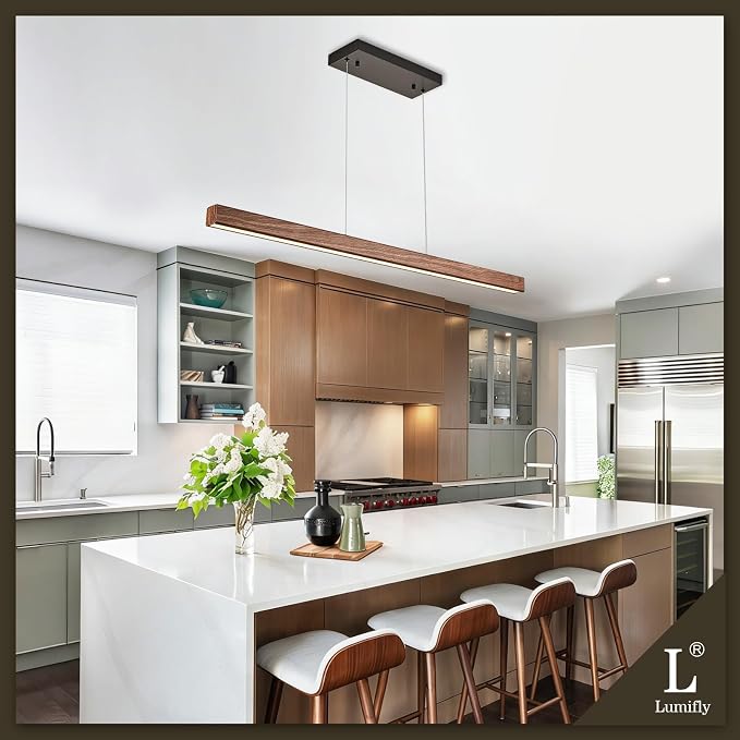 Linear Pendant Light 39 Inches Wood Grin Finish Island Light Modern LED Hanging - Image 2