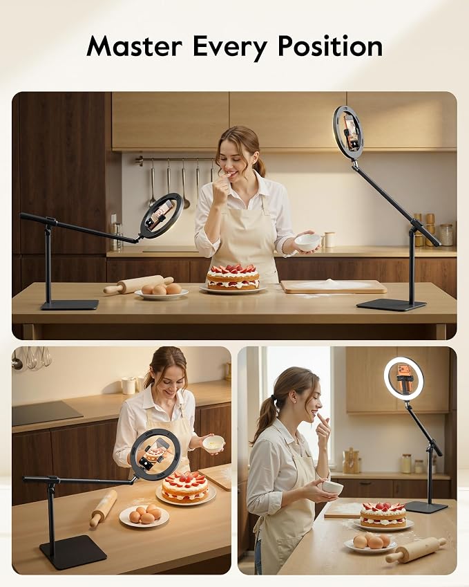 LUXSURE Ring Light with Stand for Desk, Adjustable Overhead Phone Mount with - Image 2
