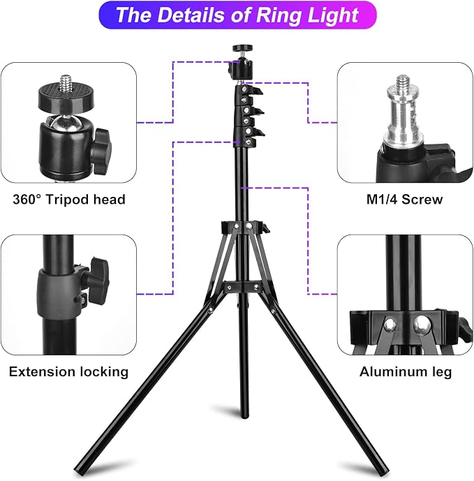 STALLY 12.3" Ring Light with Stand 75" Tall and 2 Phone Holder, Ring Light - Image 8