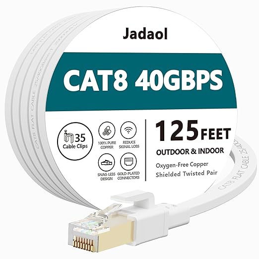 Jadaol Cat 8 Ethernet Cable 125 ft, 40Gbps 2000MHz Flat S/FTP LAN Patch Cable by Jadaol