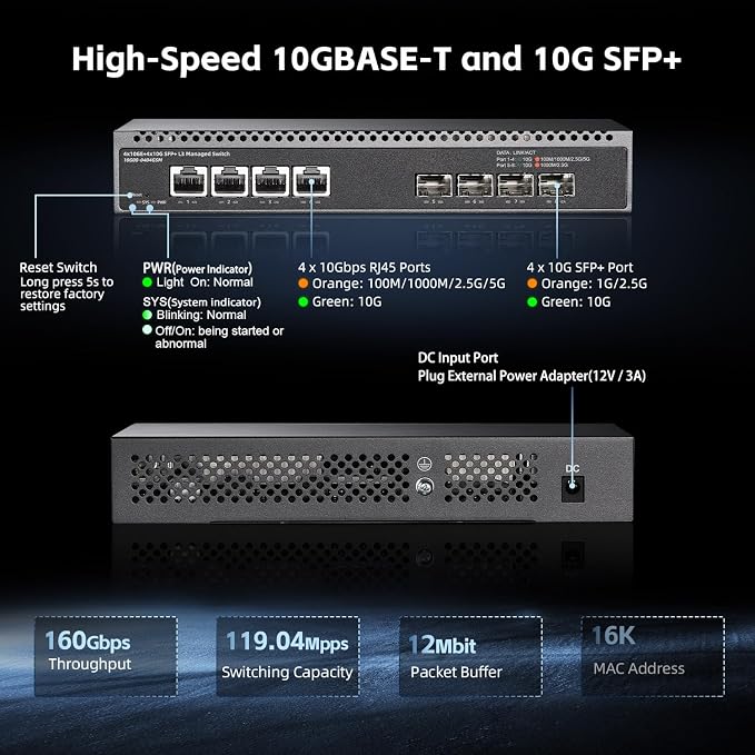 8 Port 10 Gigabit Managed Switch, 4x10G RJ45 Ethernet, 4x10G SFP+, 160Gbps - Image 3