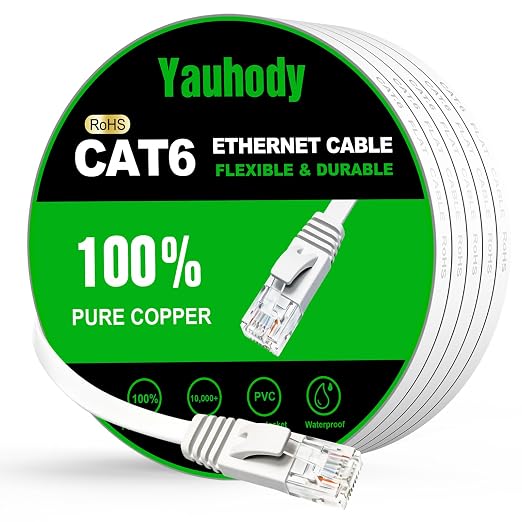 Yauhody CAT 6 Ethernet Cable 25ft White, High Speed Solid Flat CAT6 Gigabit by Yauhody