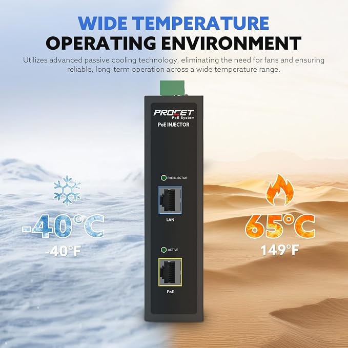 PROCET 10 Gbps Gigabit PoE++ Injector Din Rail, 60W Industrial Boost PoE Adapter - Image 5