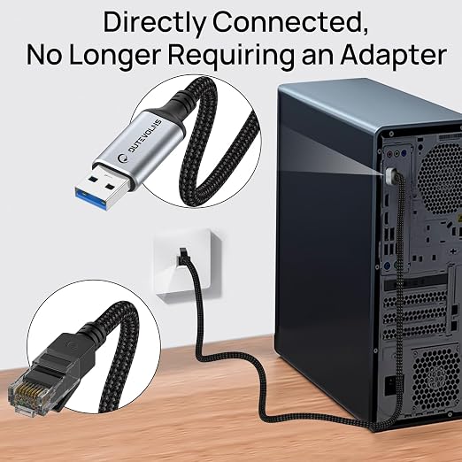 USB to Ethernet Cable 6.6 FT, USB 3.0 A to RJ45 Male Nylon Adapters, Gigabit - Image 2