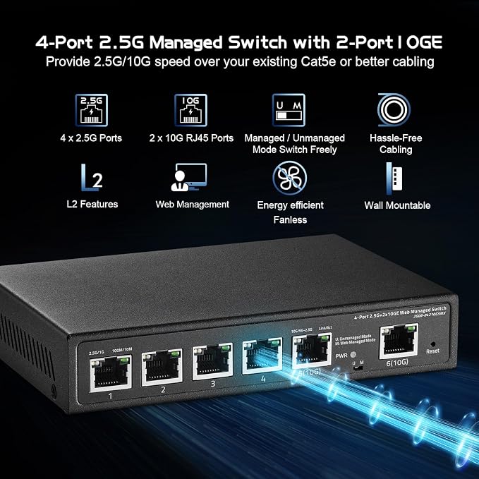 6 Port 10G Switch, 4 x 2.5G RJ-45 Base-T Ports, 2 x 10G RJ-45 Ports, Web - Image 2