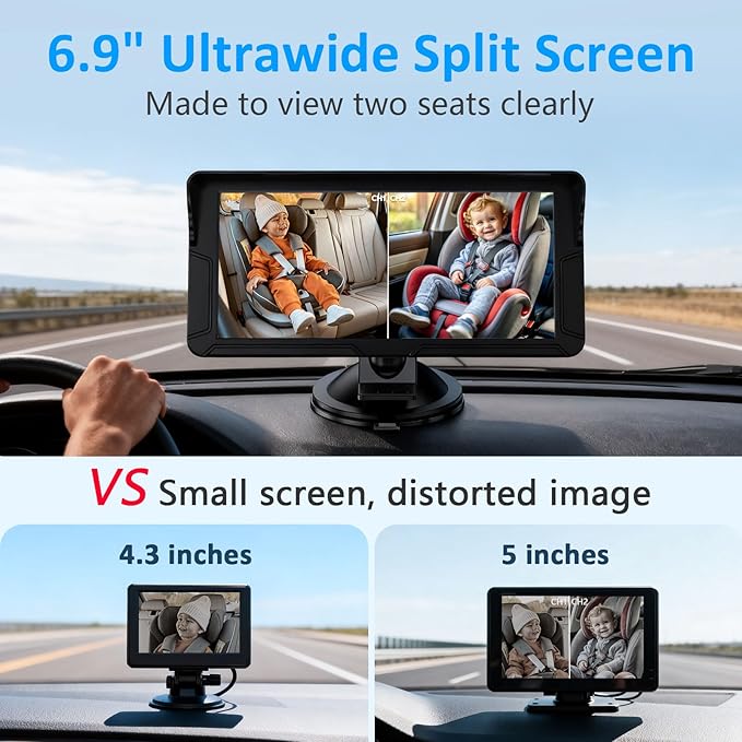 HD 1080P Baby Car Camera for 2 Kids: 5-Min Install for New Parents 6.9" Split - Image 3