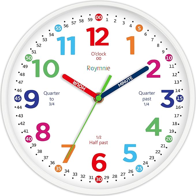 Roymnie Wall Clock for Kids Learning to Tell Time Non Ticking Battery Operated by Unknown