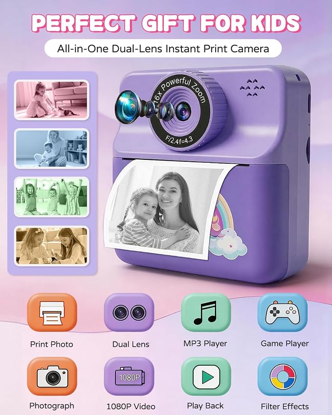 Kids Camera Instant Print with Carrying Case, Digital Selfie Camera with 6 - Image 2