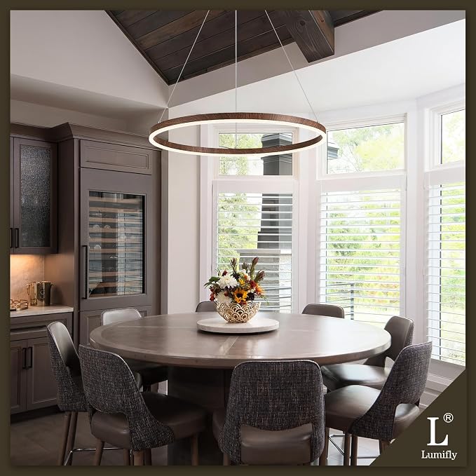 24" Ring Chandelier Modern LED Round Chandelier Wood Grain Finish Dimmable - Image 2