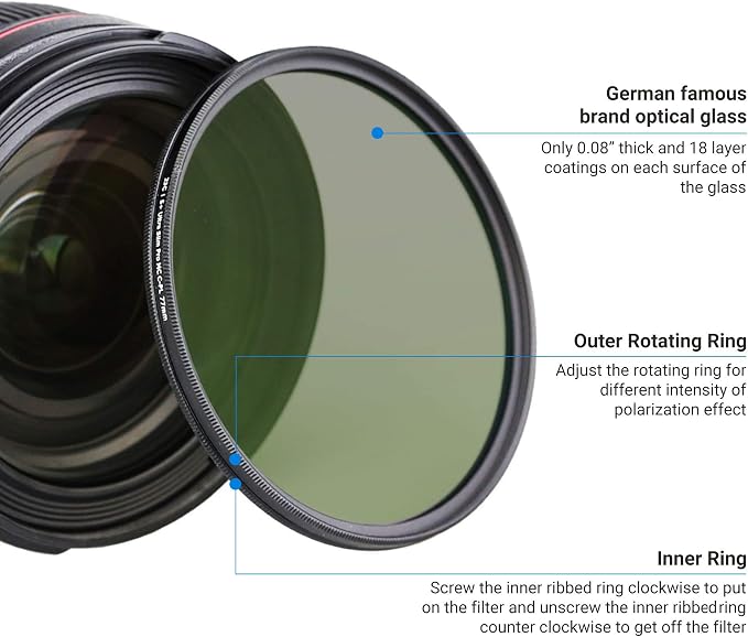 JJC Professional 62mm Circular Polarizer Polarizing Filter HD 18-Layer CPL - Image 4
