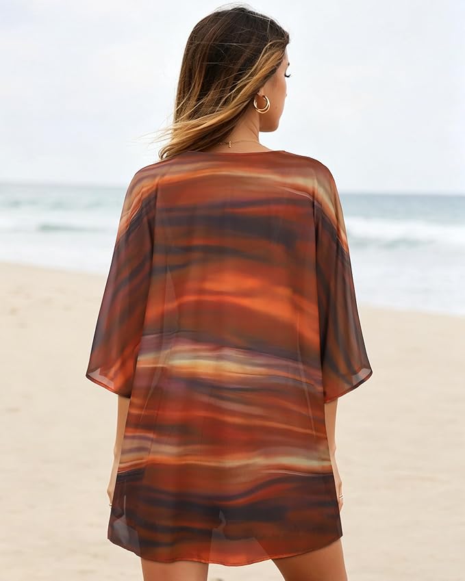 Women's Floral Print Puff Sleeve Kimono Cardigan Loose Cover Up Casual Blouse - Image 6