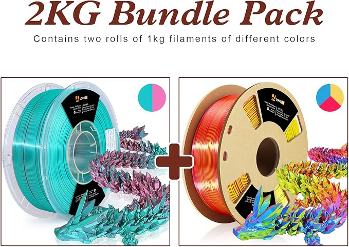 LOVOON Silk PLA 3D Printer Filament Bundle 2 KG, PLA Filament 1.75mm, Shiny - Image 2