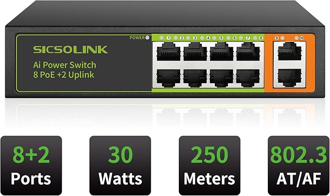 8 Port PoE+ Switch 120W 30W/Port, 2 Uplink Ports, 250M Transmission, AI Smart - Image 2