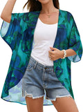 Women's Floral Print Puff Sleeve Kimono Cardigan Loose Cover Up Casual Blouse by CHICGAL
