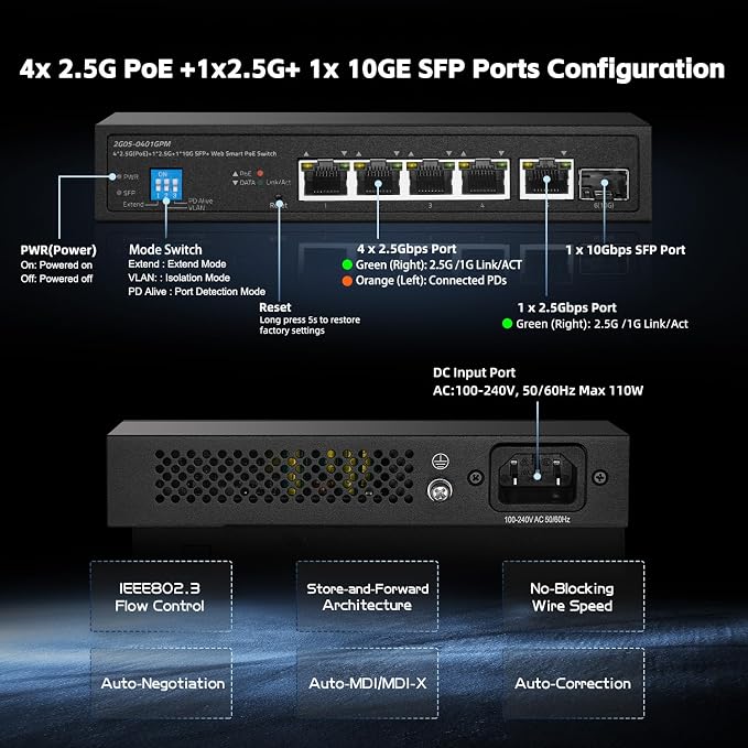 6 Port 2.5G PoE Managed Switch, 10G SFP+ Slot, IEEE802.3af/at 100W, Support - Image 4