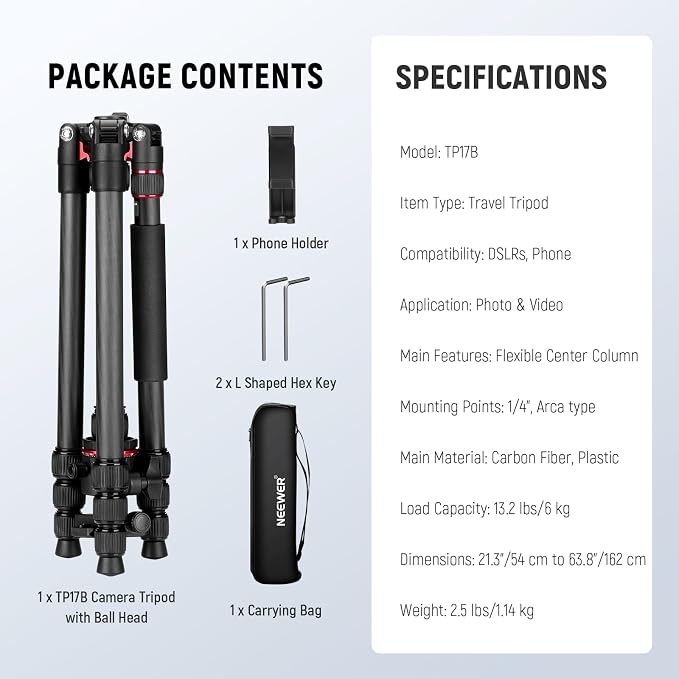 NEEWER Basics Carbon Fiber Travel Tripod Monopod, Arca Type Ball Head, Max Load - Image 9