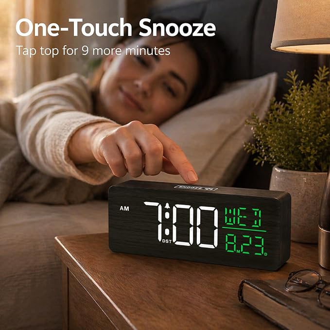Peakeep Wooden Digital Alarm Clock Large Display, Textured Decoration - Image 7