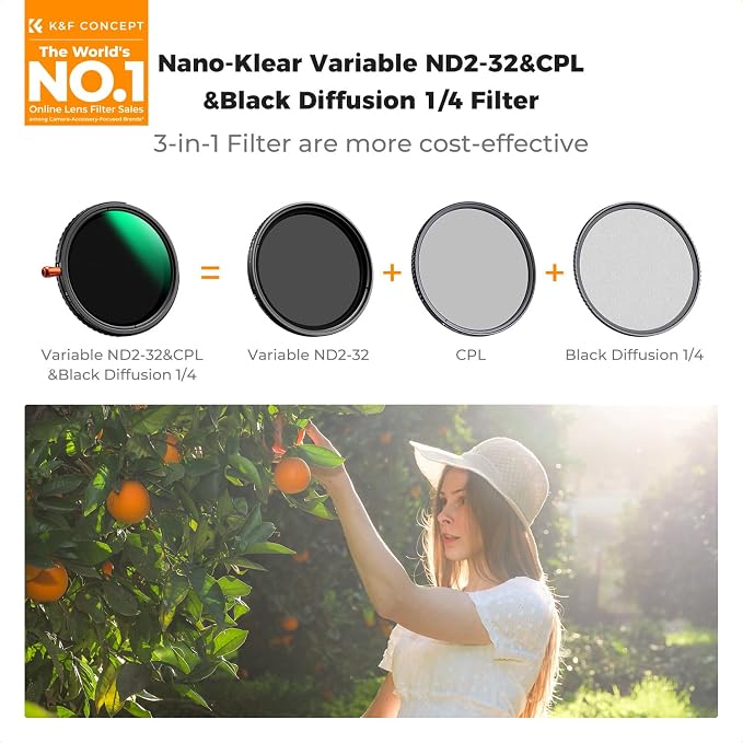 K&F CONCEPT 58mm Black Diffusion Mist Effect 1/4 & Variable ND2-32 & Circular - Image 2