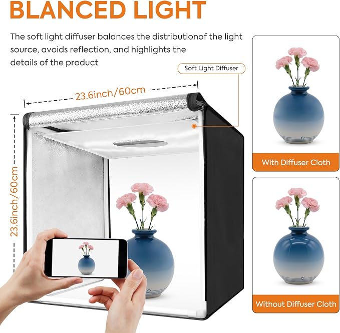 Bi-Color LED Photo Light Box 24x24 inch, Dimmable LEDs Product Photography - Image 5