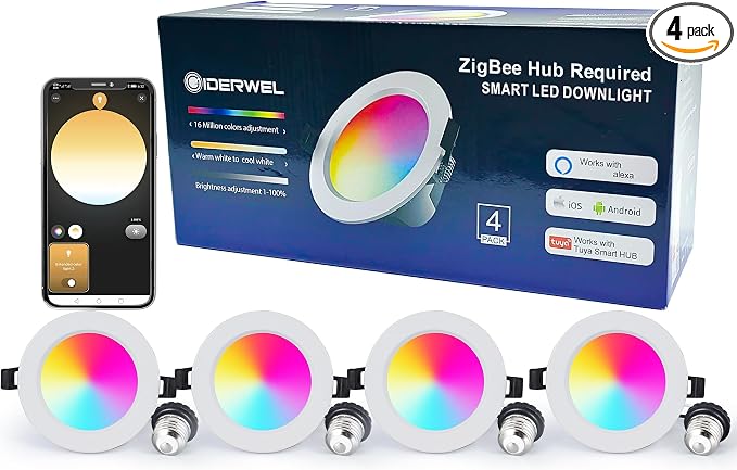 GIDERWEL ZigBee Smart Recessed LED Downlight RGBWW 4 Inch Work by GIDERWEL