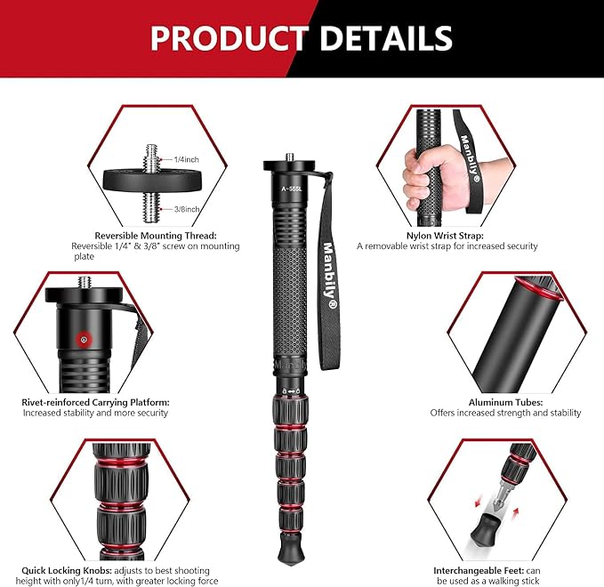Manbily Camera Monopod Aluminum Portable Compact Lightweight Travel Monopod - Image 3