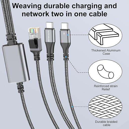 USB C to Ethernet Cable with Charging 15 Feet, USB-C Male 100W PD & Gigabit LAN - Image 6